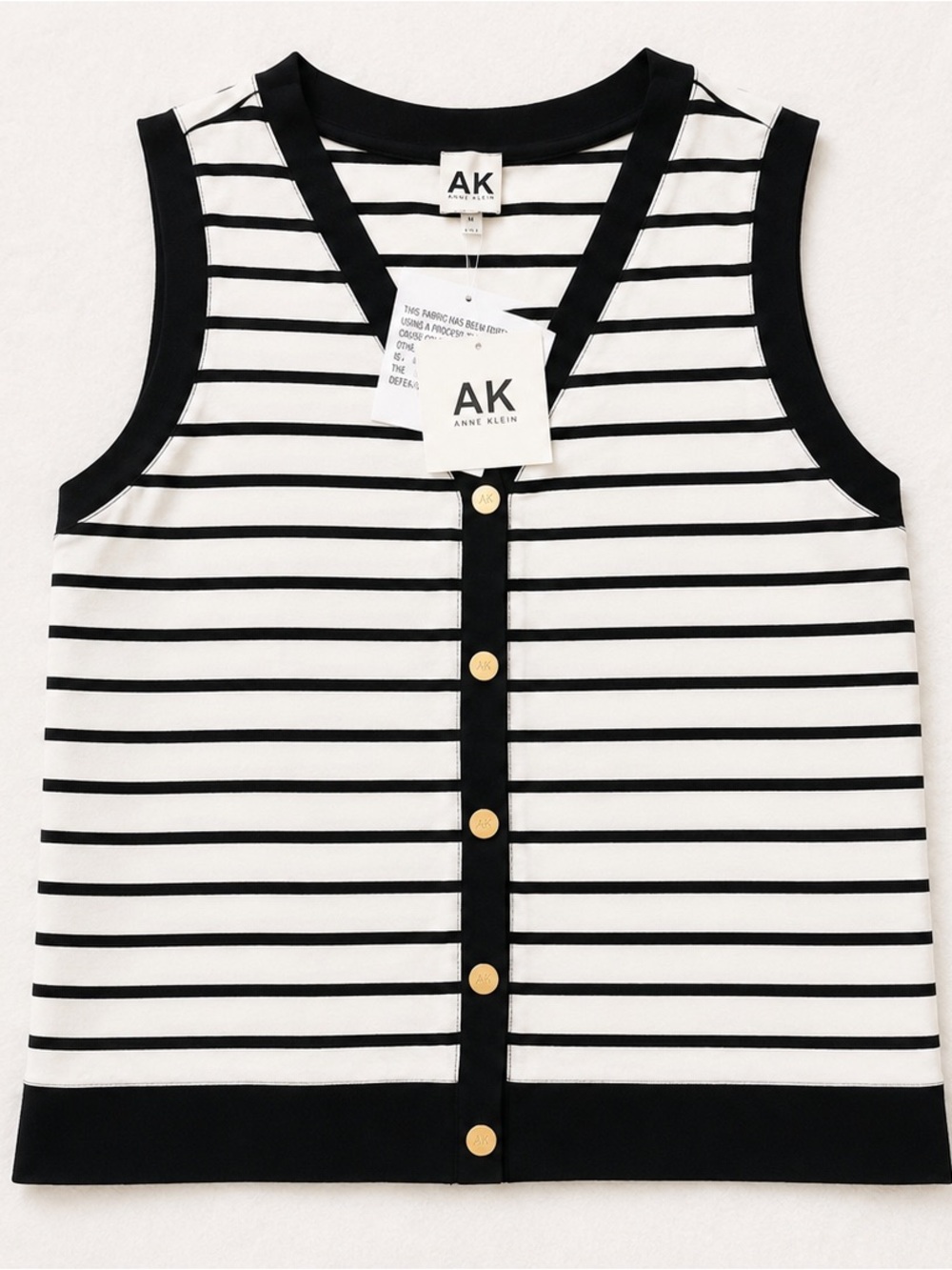 Anne Klein NWT M Black White Striped Sleeveless V-Neck Pullover Top